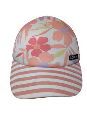 Roxy Pink Floral Striped Mesh Trucker Hat One Size Adjustable Snapback Cap